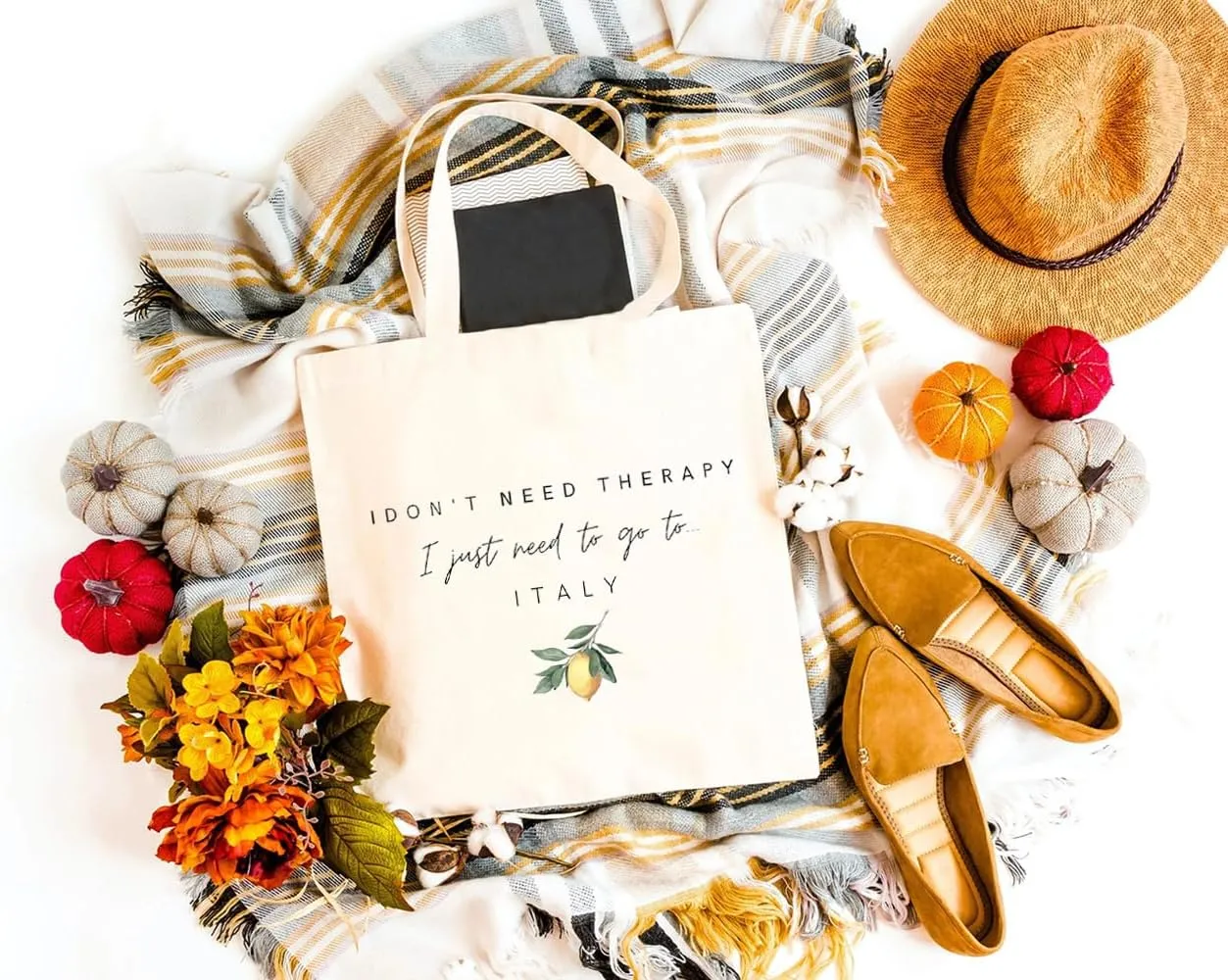 I Don't Need Therapy I Just Need To Go To Italy Canvas Tote Bag Sorrento Capri Lemons Reusable Grocery Shopping Bag