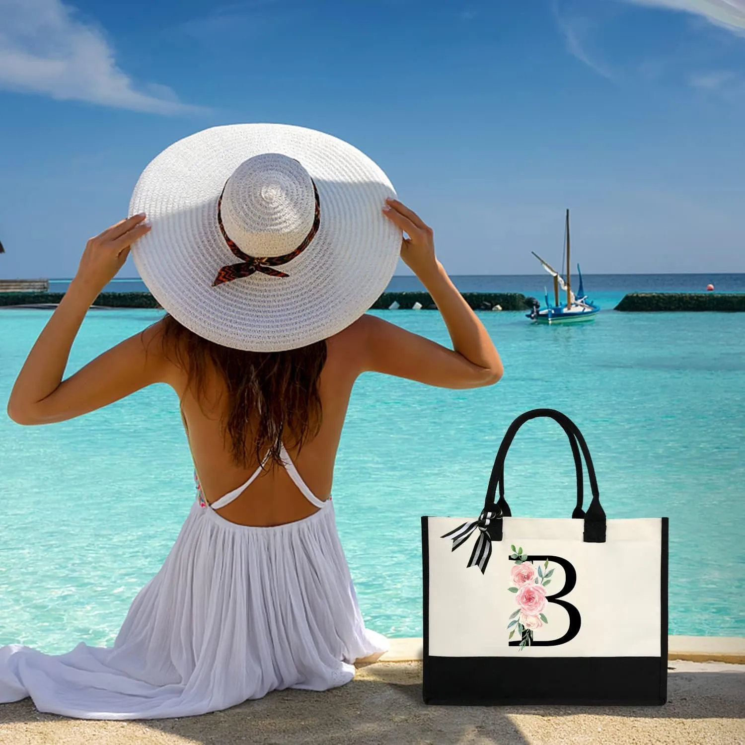 Initial Canvas Beach Tote Bag with Printed letter,Personalized Gifts for Women,Mom,Friends,Teachers and Bridesmaids