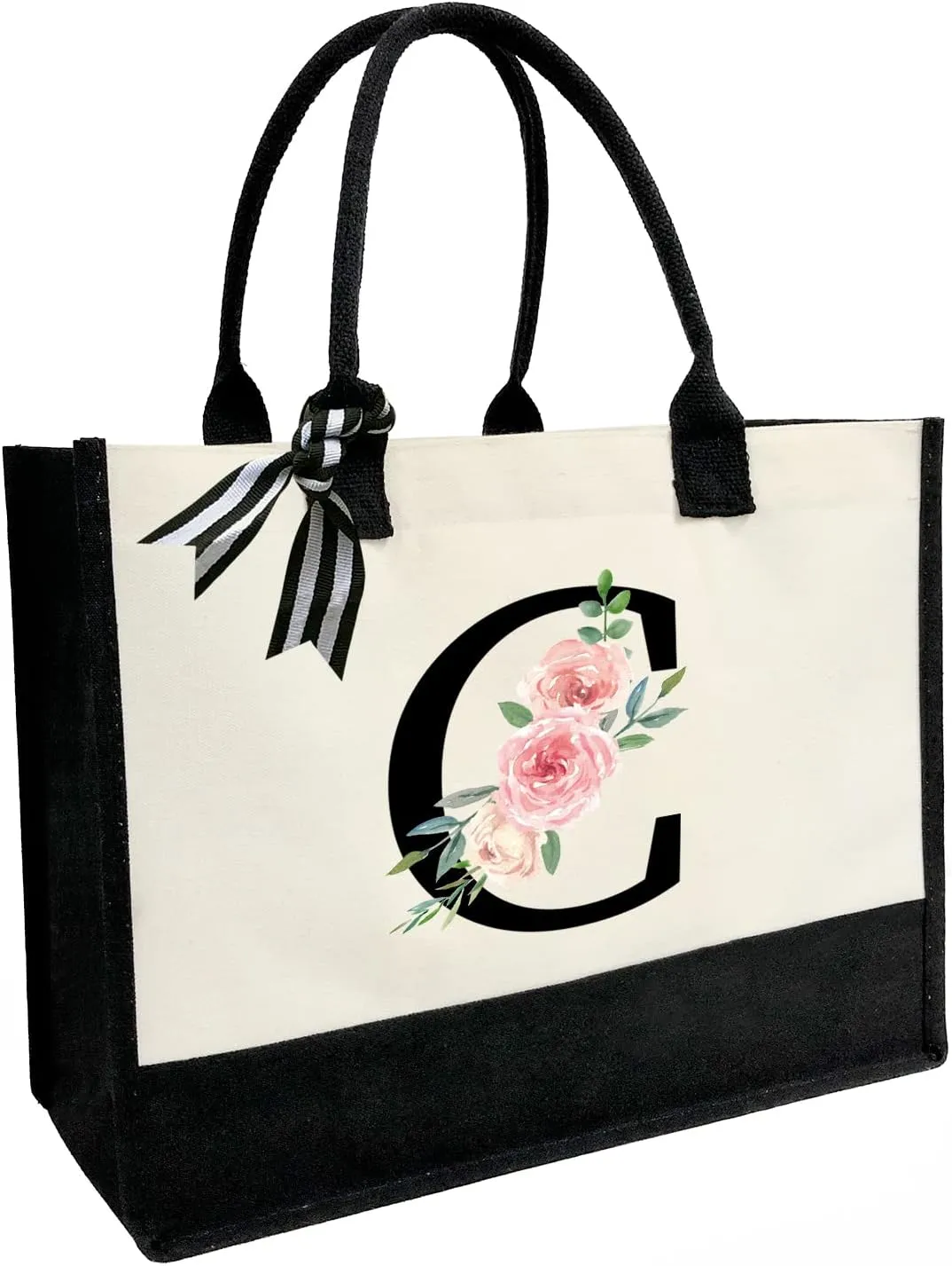 Initial Canvas Beach Tote Bag with Printed letter,Personalized Gifts for Women,Mom,Friends,Teachers and Bridesmaids