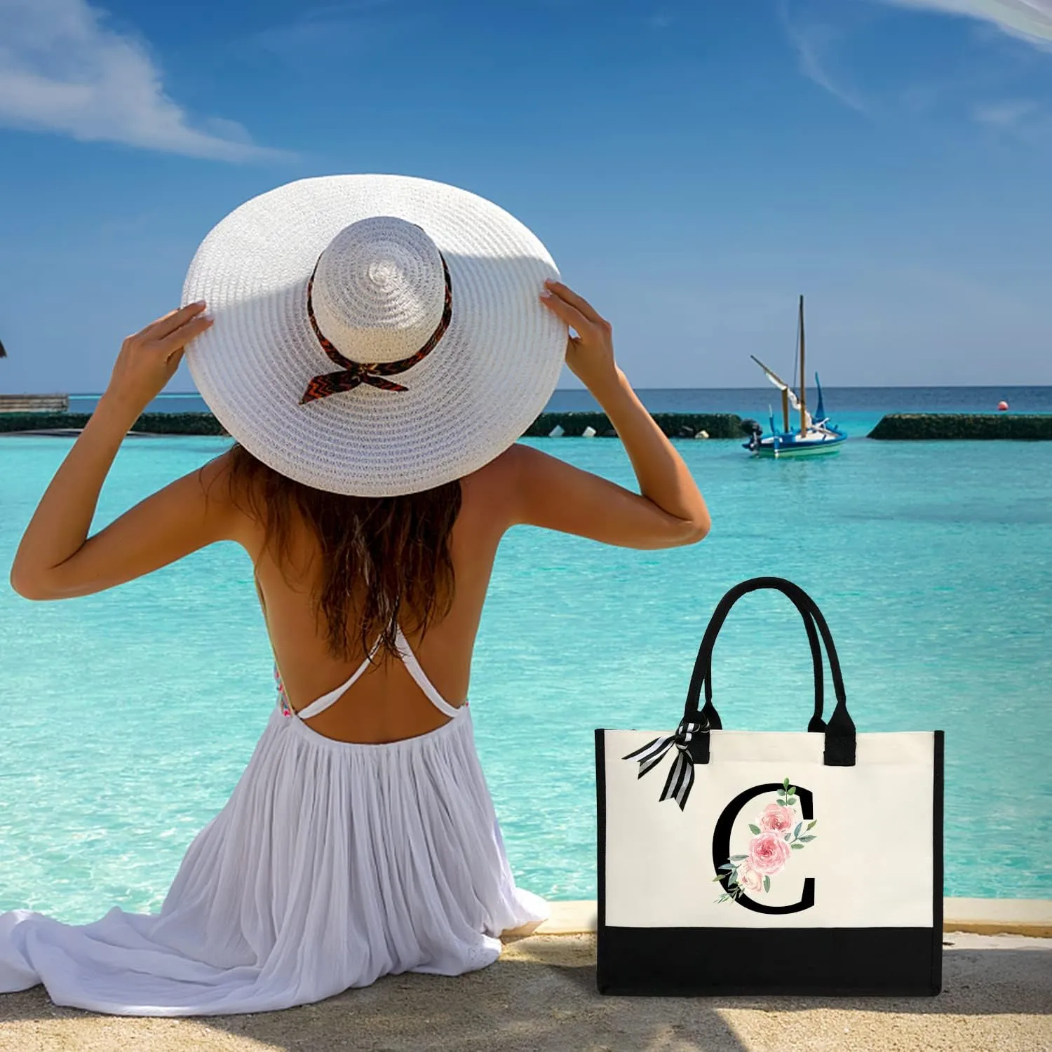 Initial Canvas Beach Tote Bag with Printed letter,Personalized Gifts for Women,Mom,Friends,Teachers and Bridesmaids