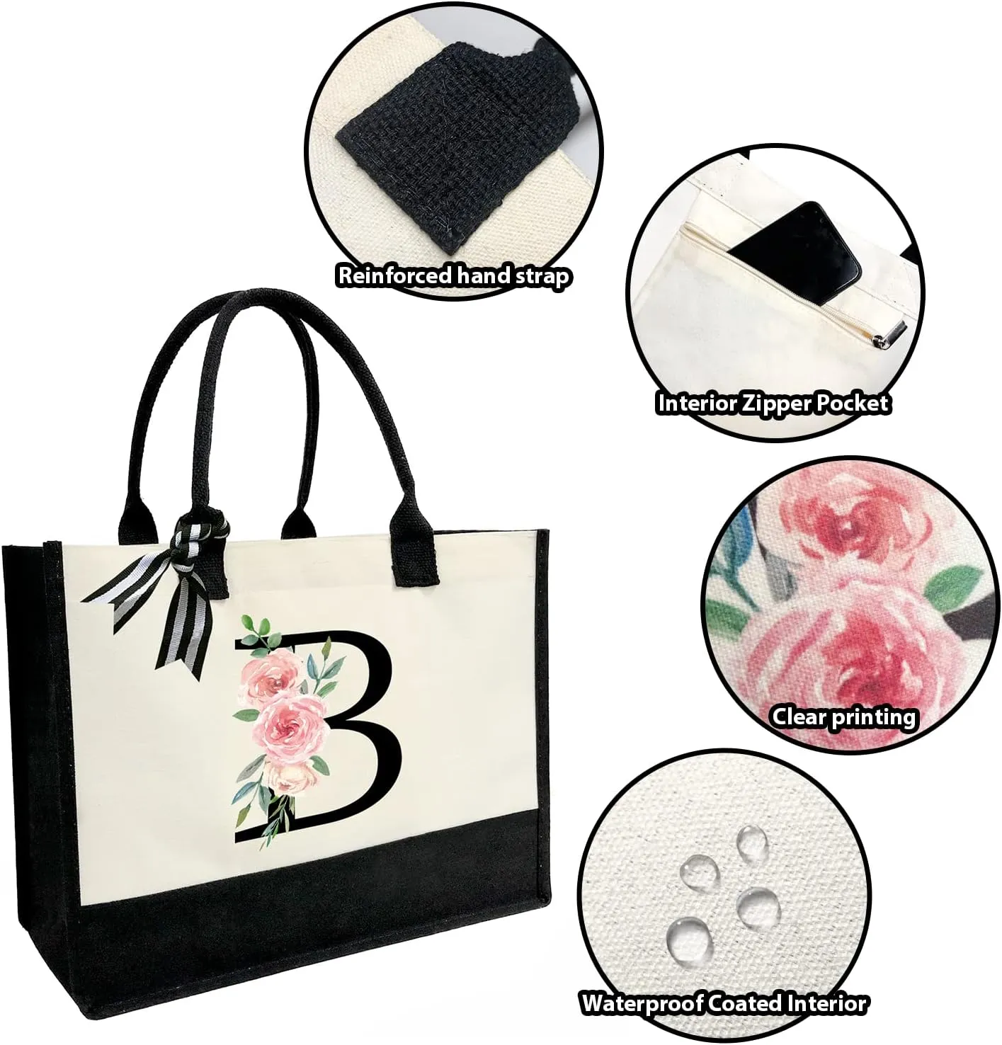 Initial Canvas Beach Tote Bag with Printed letter,Personalized Gifts for Women,Mom,Friends,Teachers and Bridesmaids