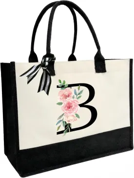 Initial Canvas Beach Tote Bag with Printed letter,Personalized Gifts for Women,Mom,Friends,Teachers and Bridesmaids