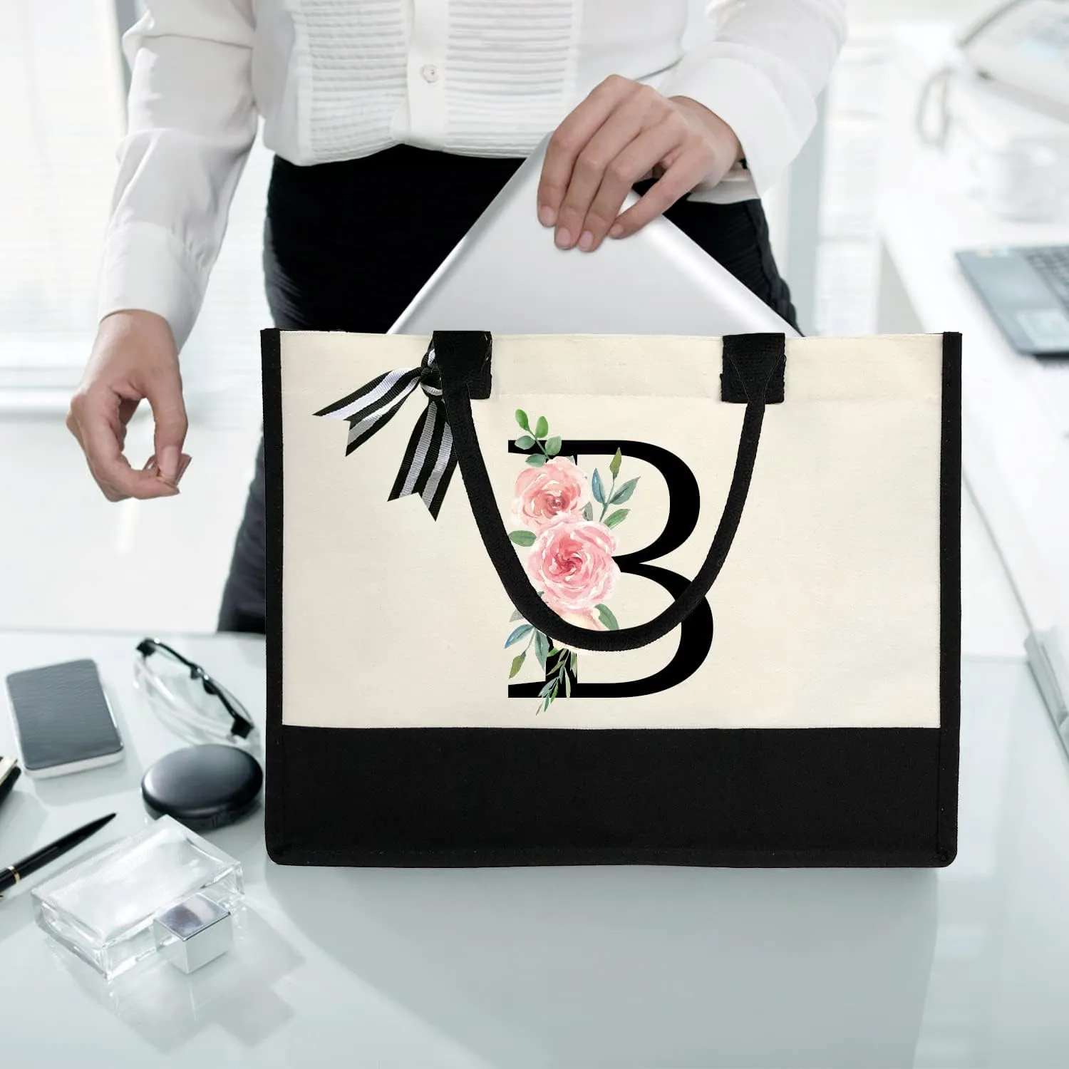 Initial Canvas Beach Tote Bag with Printed letter,Personalized Gifts for Women,Mom,Friends,Teachers and Bridesmaids
