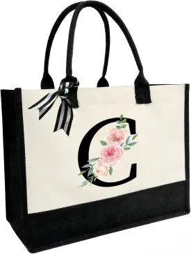 Initial Canvas Beach Tote Bag with Printed letter,Personalized Gifts for Women,Mom,Friends,Teachers and Bridesmaids