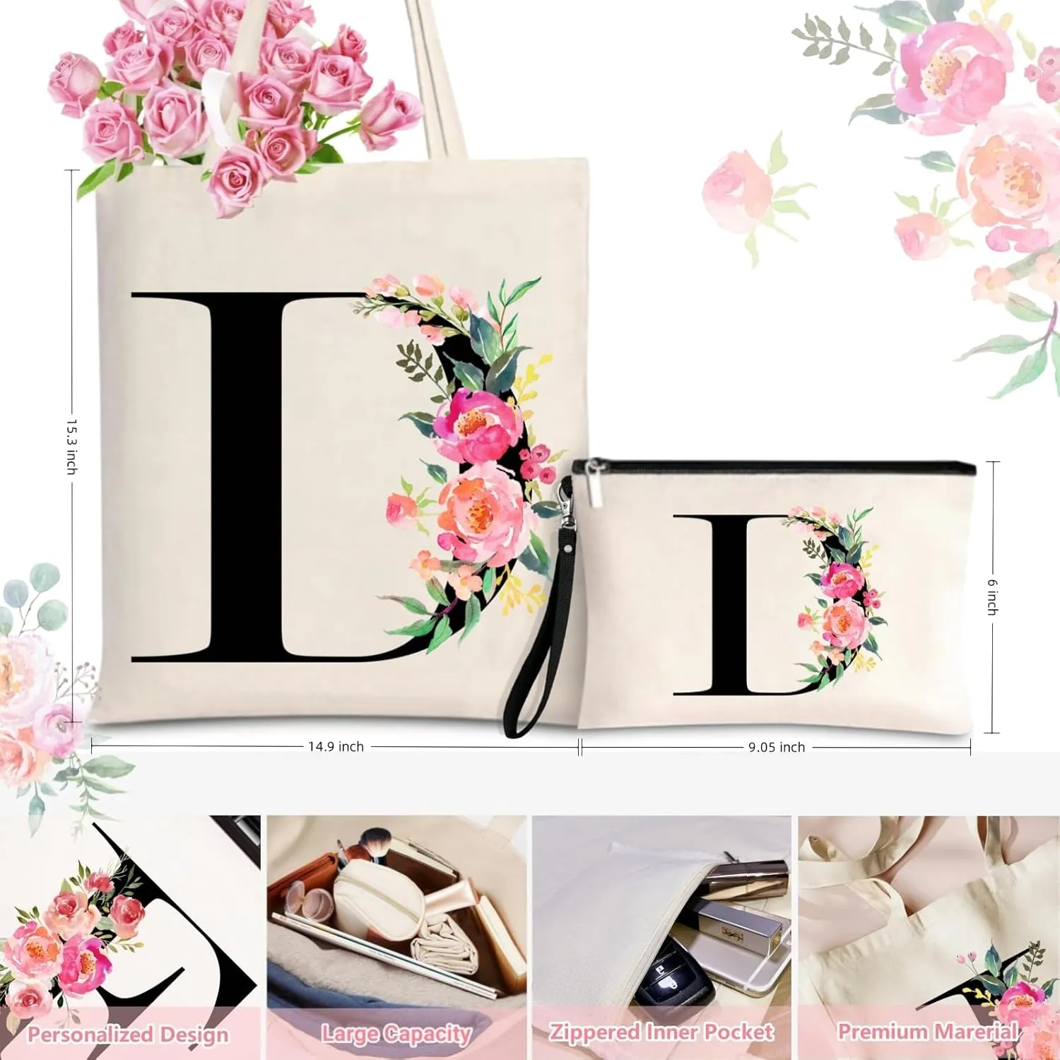 Initial Canvas Tote Bag for Women, Personalized Monogrammed Tote Bags with Makeup Gift Bag for Wedding Bridesmaids Birthday