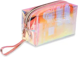 Iridescent Holographic Makeup Bag with Wrist strap, Travel Clear Toiletry Bag, Lipstick Cosmetic Pouch, Waterproof Zipper Beach Bag Make up Organizer Case for Woman Teen Girl, A