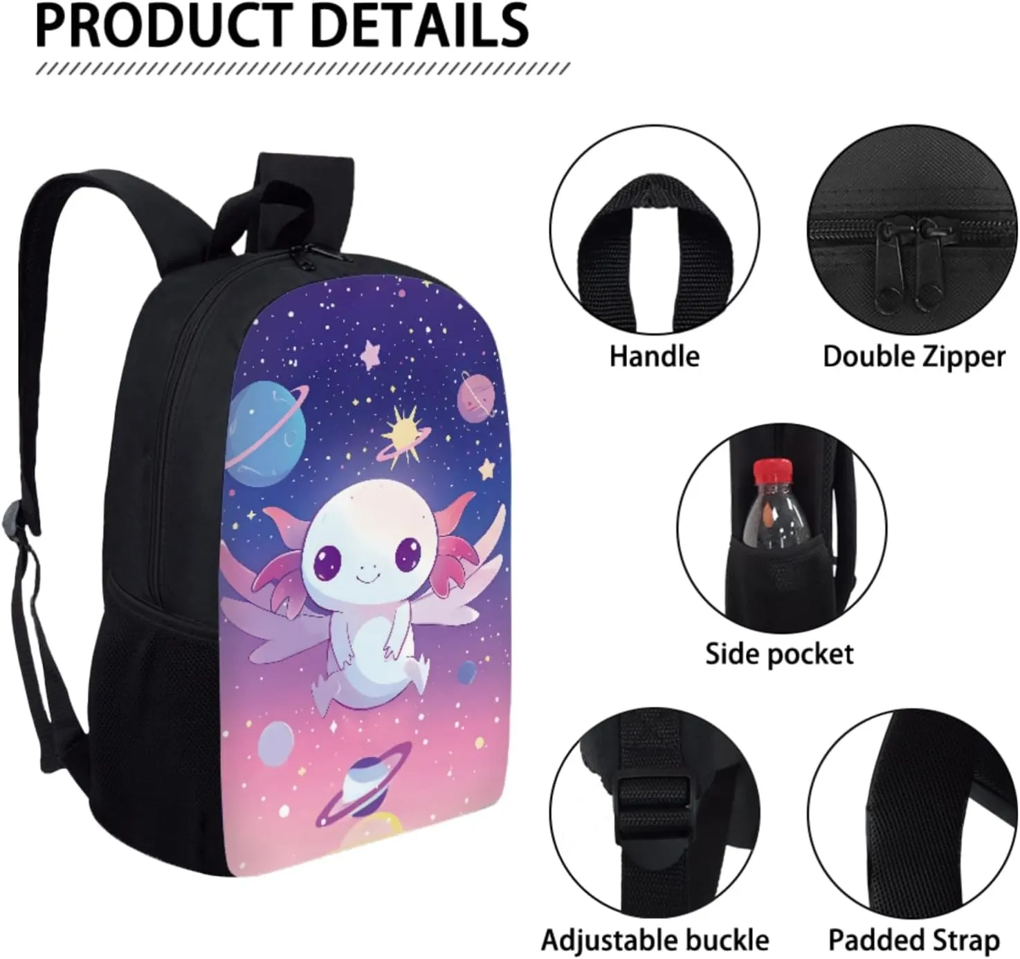 JEOCODY Cute Axolotl School Backpack and Lunch Box for Girls School Bags Set Elementary School Bags with Pencil Case and Bottle Holder for Kindergarten Primary School Bookbag Set of 4