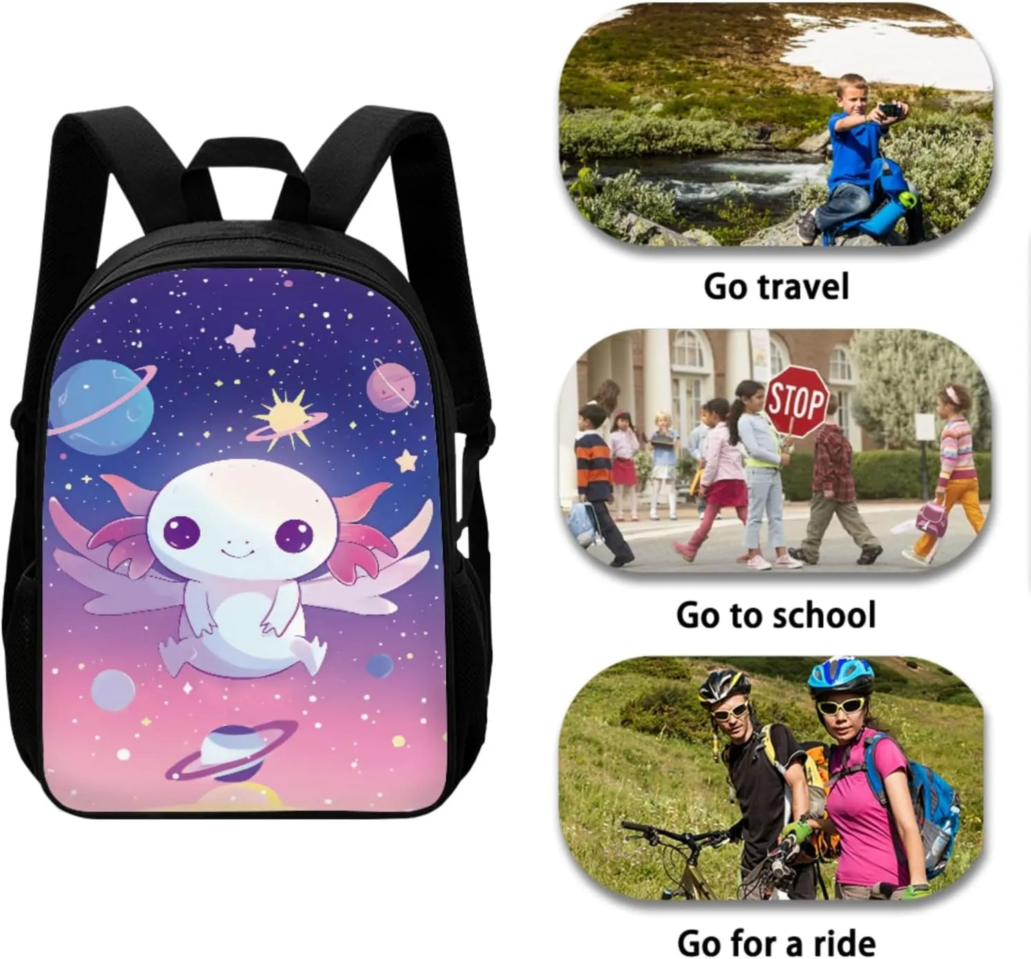 JEOCODY Cute Axolotl School Backpack and Lunch Box for Girls School Bags Set Elementary School Bags with Pencil Case and Bottle Holder for Kindergarten Primary School Bookbag Set of 4