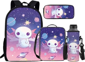 JEOCODY Cute Axolotl School Backpack and Lunch Box for Girls School Bags Set Elementary School Bags with Pencil Case and Bottle Holder for Kindergarten Primary School Bookbag Set of 4