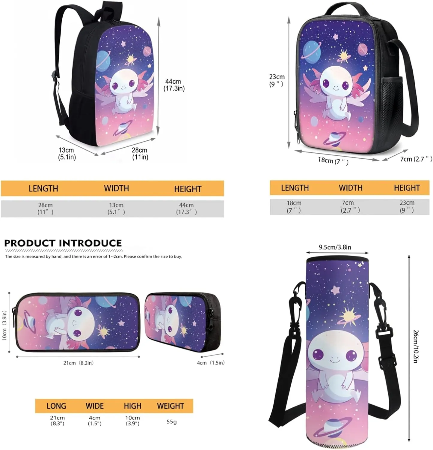 JEOCODY Cute Axolotl School Backpack and Lunch Box for Girls School Bags Set Elementary School Bags with Pencil Case and Bottle Holder for Kindergarten Primary School Bookbag Set of 4