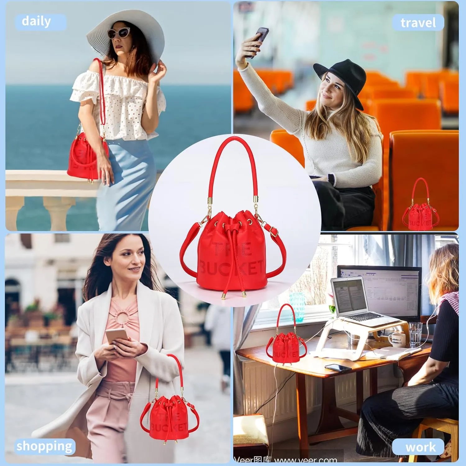 JQAliMOVV Mini Leather Bucket Bags for Women Drawstring Bucket Purse Crossbody Handbags Hobo Bag