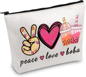JXGZSO Peace Love Boba Cosmetic Bag Makeup Bag With Zipper Coffee Boba Tea Gift Bubble Tea Makeup Bag