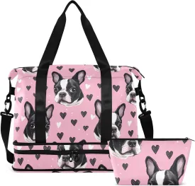 Kawaii Boston Dog Black Hearts Gym Bag for Women & Men,Duffel Bag with Shoe Pocket,Weekender Overnight Bag with Trolley Sleeve for Travel 21214763