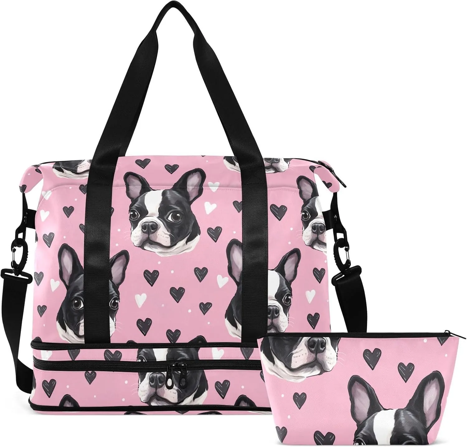 Kawaii Boston Dog Black Hearts Gym Bag for Women & Men,Duffel Bag with Shoe Pocket,Weekender Overnight Bag with Trolley Sleeve for Travel 21214763