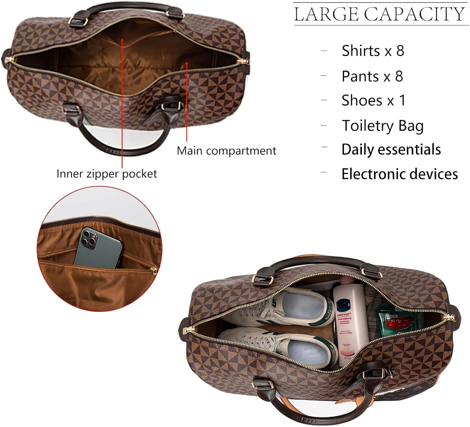 Large capacity Lightweight Weekender Travel Duffel Bag for Women Men Overnight Bag with Toiletry Bag Traveling Handbag for Gym Holiday (White)