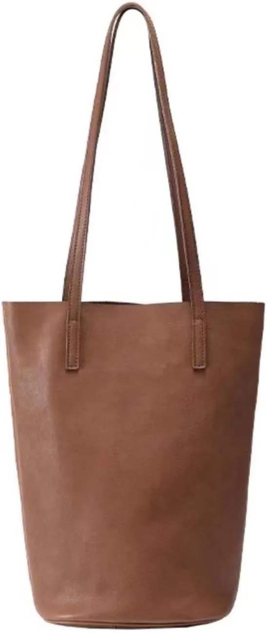 Lazy Bucket Vegetable Tanned Cowhide Large Capacity Commuter Tote College Student Hand-held Crossbody Bag on One Shoulder