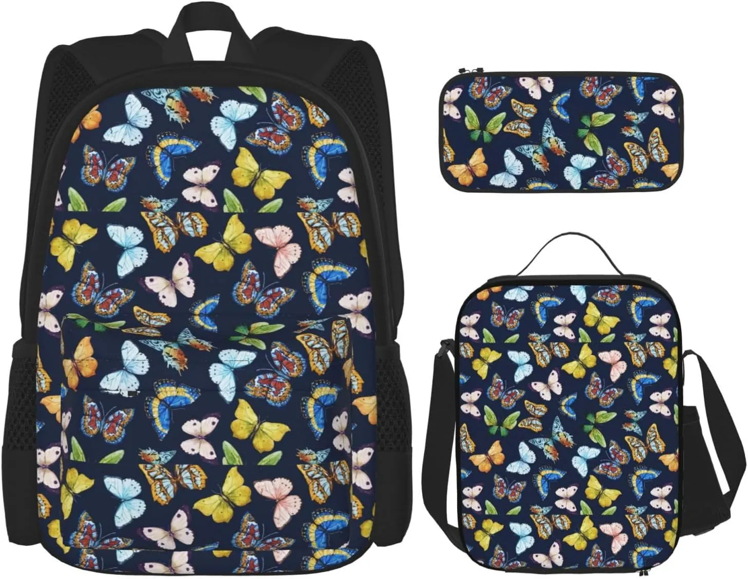 leaf colorful butterfly print 3-Piece Casual Backpack Set (Backpack   Waist Bag   Small Pouch), Unisex Daypack
