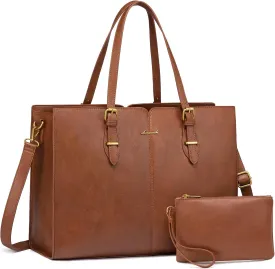 LOVEVOOK Laptop Bag for Women,Vintage Tote Bag for Work,Waterproof Handbags Shoulder Bag,Leather Office Computer Bag