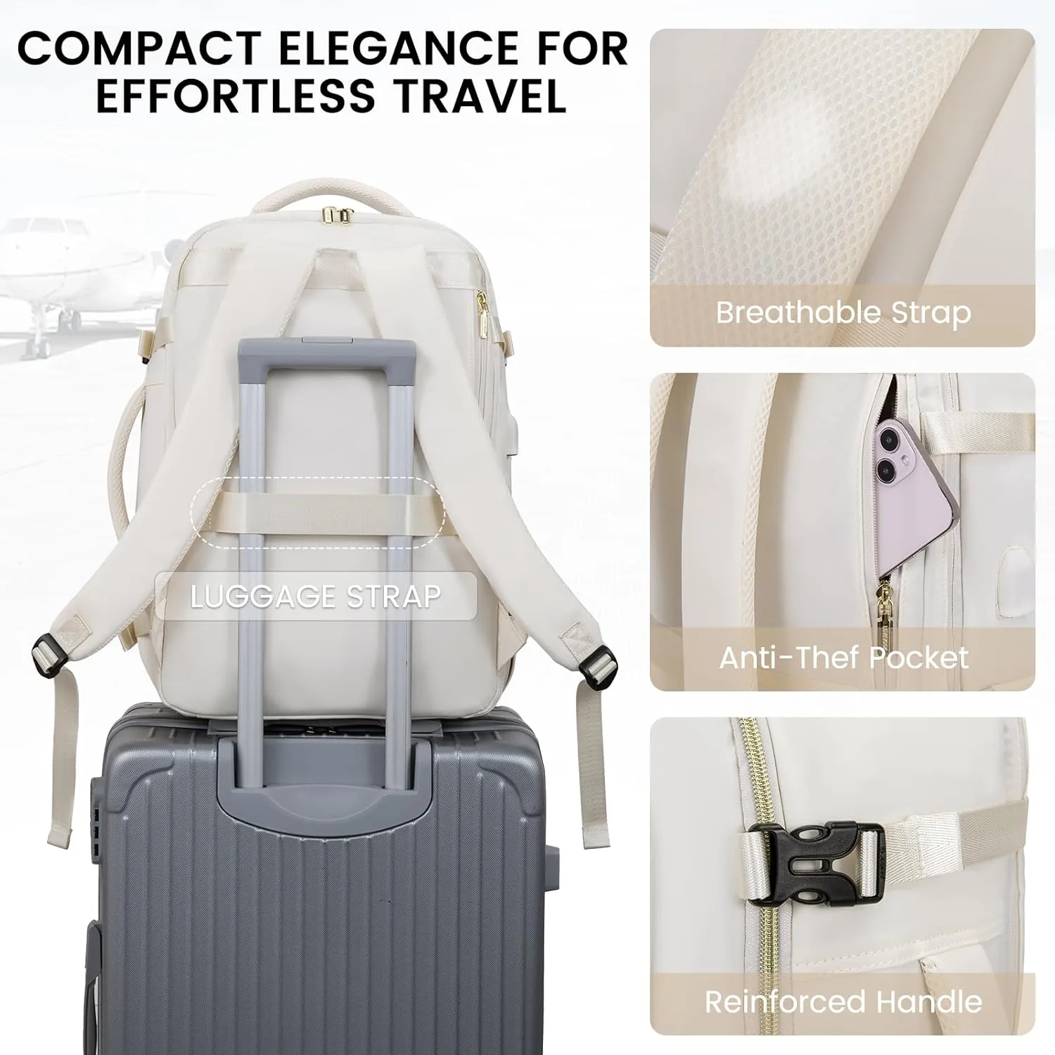 LOVEVOOK Travel Backpack for Women & Men, 45L Carry On Backpack, Personal Item Bag with 3 Packing Cubes, Business Weekender Overnight Luggage Daypack, Fits 18 Inch Laptop, Beige