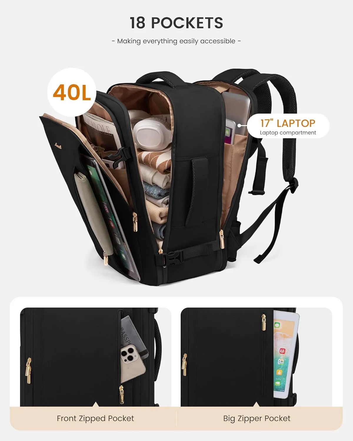 LOVEVOOK Travel Backpack For Women with Waist Strap, 40L Carry On Backpack Luggage Flight Approved,TSA Personal ltem Travel Bag Essentials Fits 17.3 Inch Laptop,Weekender Daypack with 3 Packing Cubes