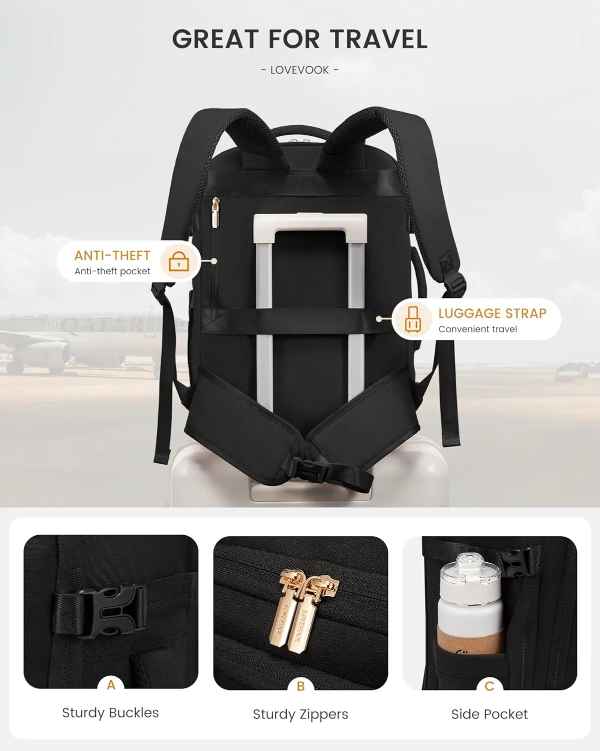 LOVEVOOK Travel Backpack For Women with Waist Strap, 40L Carry On Backpack Luggage Flight Approved,TSA Personal ltem Travel Bag Essentials Fits 17.3 Inch Laptop,Weekender Daypack with 3 Packing Cubes