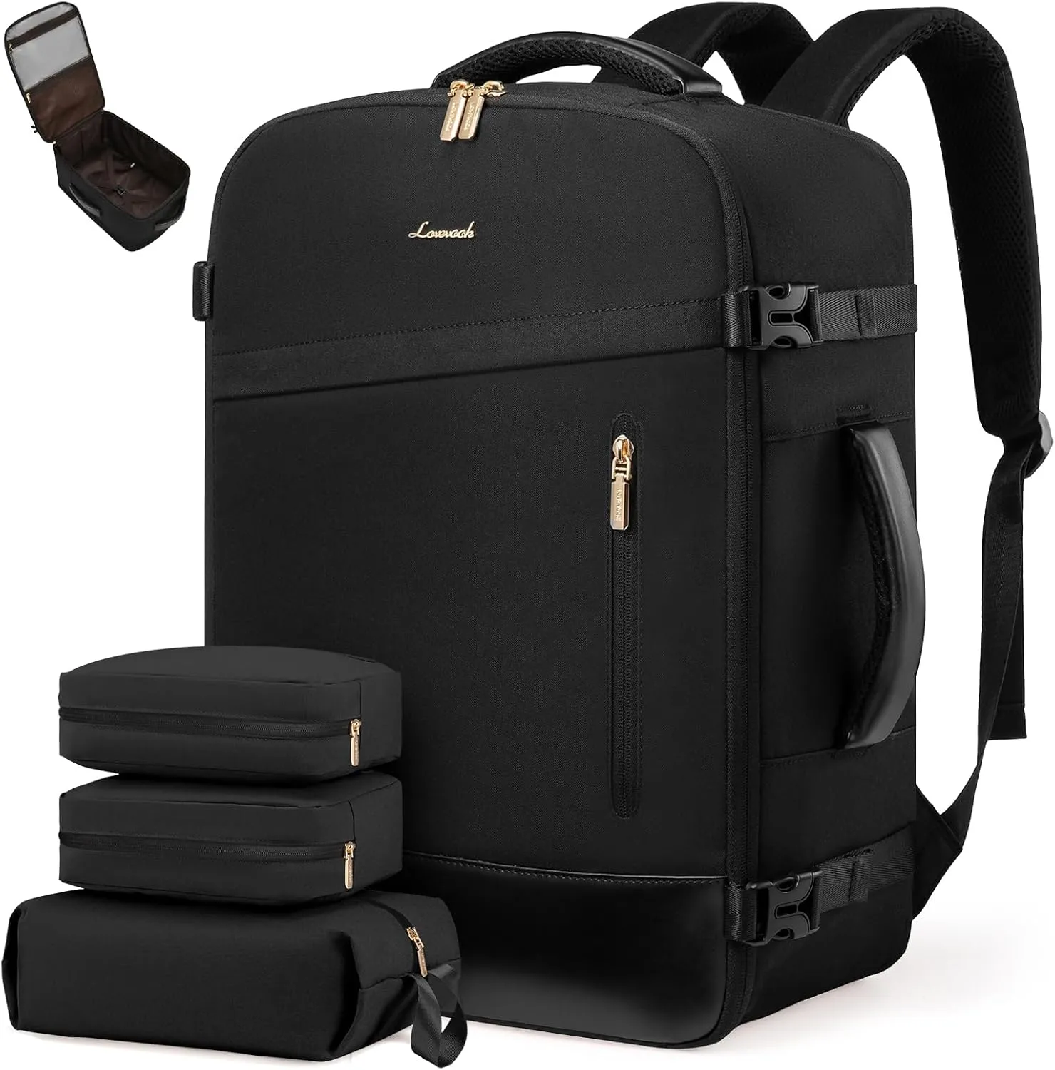 LOVEVOOK Travel Backpack For Women/Men, 40L Carry On Backpack, Flight Approved Personal Item Travel Bag, Travel Essentials Water Resistant Daypack Weekender Bag Fits 17" Laptop With 3 Cubes, Black