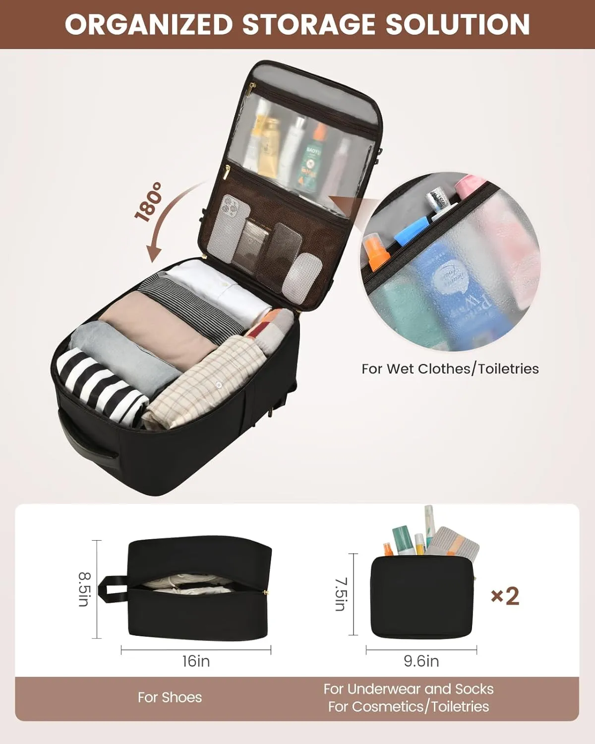LOVEVOOK Travel Backpack For Women/Men, 40L Carry On Backpack, Flight Approved Personal Item Travel Bag, Travel Essentials Water Resistant Daypack Weekender Bag Fits 17" Laptop With 3 Cubes, Black