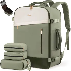 LOVEVOOK Travel Backpack For Women/Men, 50L Carry On Backpack, Flight Approved Personal Item Travel Bag, Large Water Resistant Daypack Weekender Bag Fits 18" Laptop With 3 Cubes, Green-Beige
