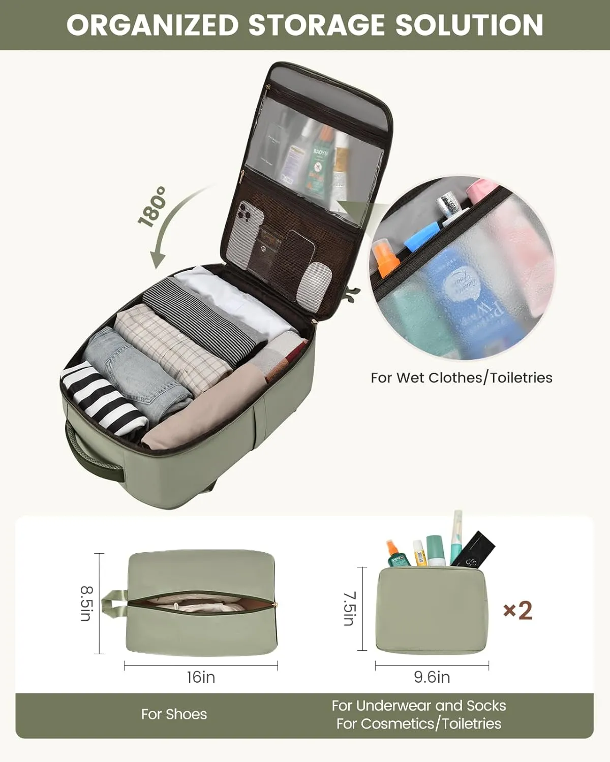 LOVEVOOK Travel Backpack For Women/Men, 50L Carry On Backpack, Flight Approved Personal Item Travel Bag, Large Water Resistant Daypack Weekender Bag Fits 18" Laptop With 3 Cubes, Green-Beige