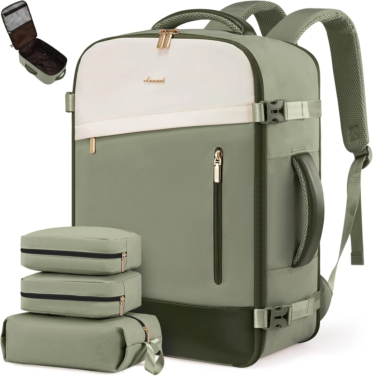 LOVEVOOK Travel Backpack For Women/Men, 50L Carry On Backpack, Flight Approved Personal Item Travel Bag, Large Water Resistant Daypack Weekender Bag Fits 18" Laptop With 3 Cubes, Green-Beige