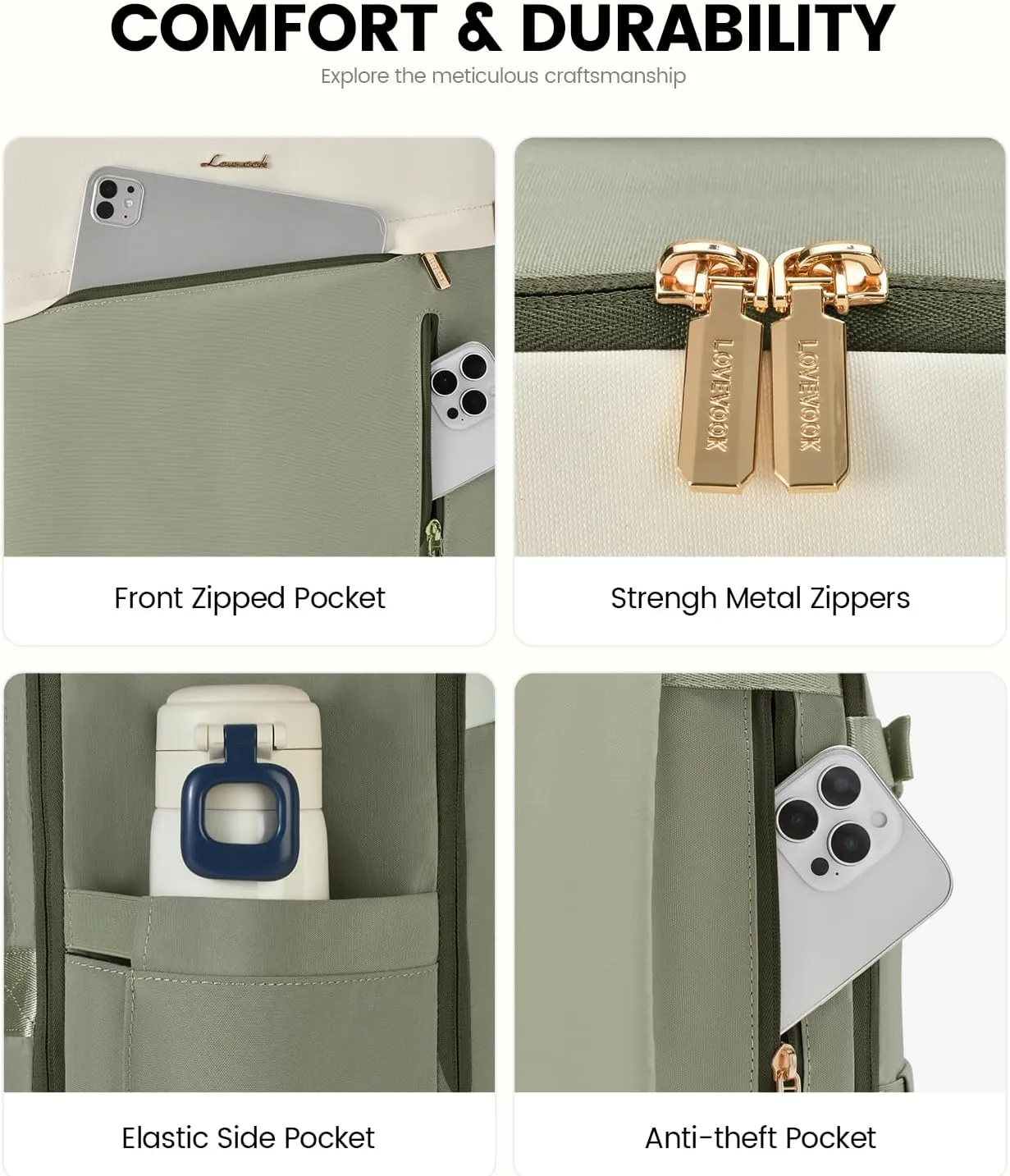 LOVEVOOK Travel Backpack For Women/Men, 50L Carry On Backpack, Flight Approved Personal Item Travel Bag, Large Water Resistant Daypack Weekender Bag Fits 18" Laptop With 3 Cubes, Green-Beige