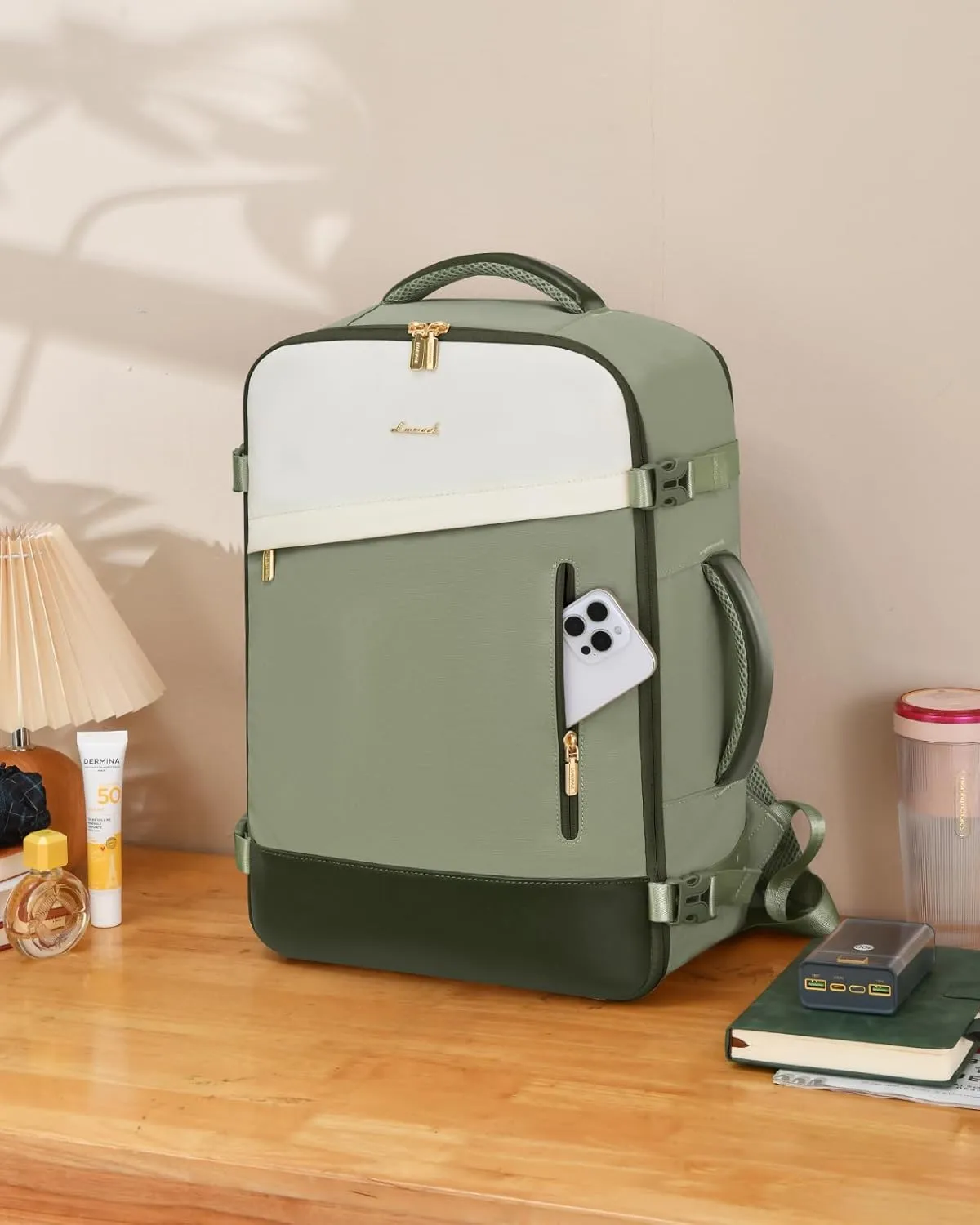 LOVEVOOK Travel Backpack For Women/Men, 50L Carry On Backpack, Flight Approved Personal Item Travel Bag, Large Water Resistant Daypack Weekender Bag Fits 18" Laptop With 3 Cubes, Green-Beige