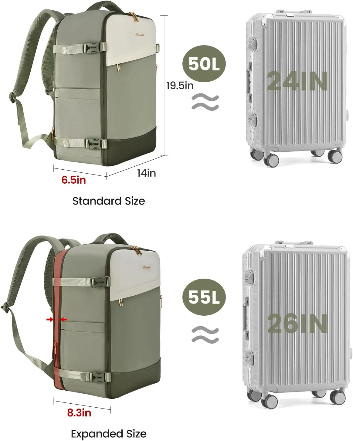 LOVEVOOK Travel Backpack For Women/Men, 50L Carry On Backpack, Flight Approved Personal Item Travel Bag, Large Water Resistant Daypack Weekender Bag Fits 18" Laptop With 3 Cubes, Green-Beige
