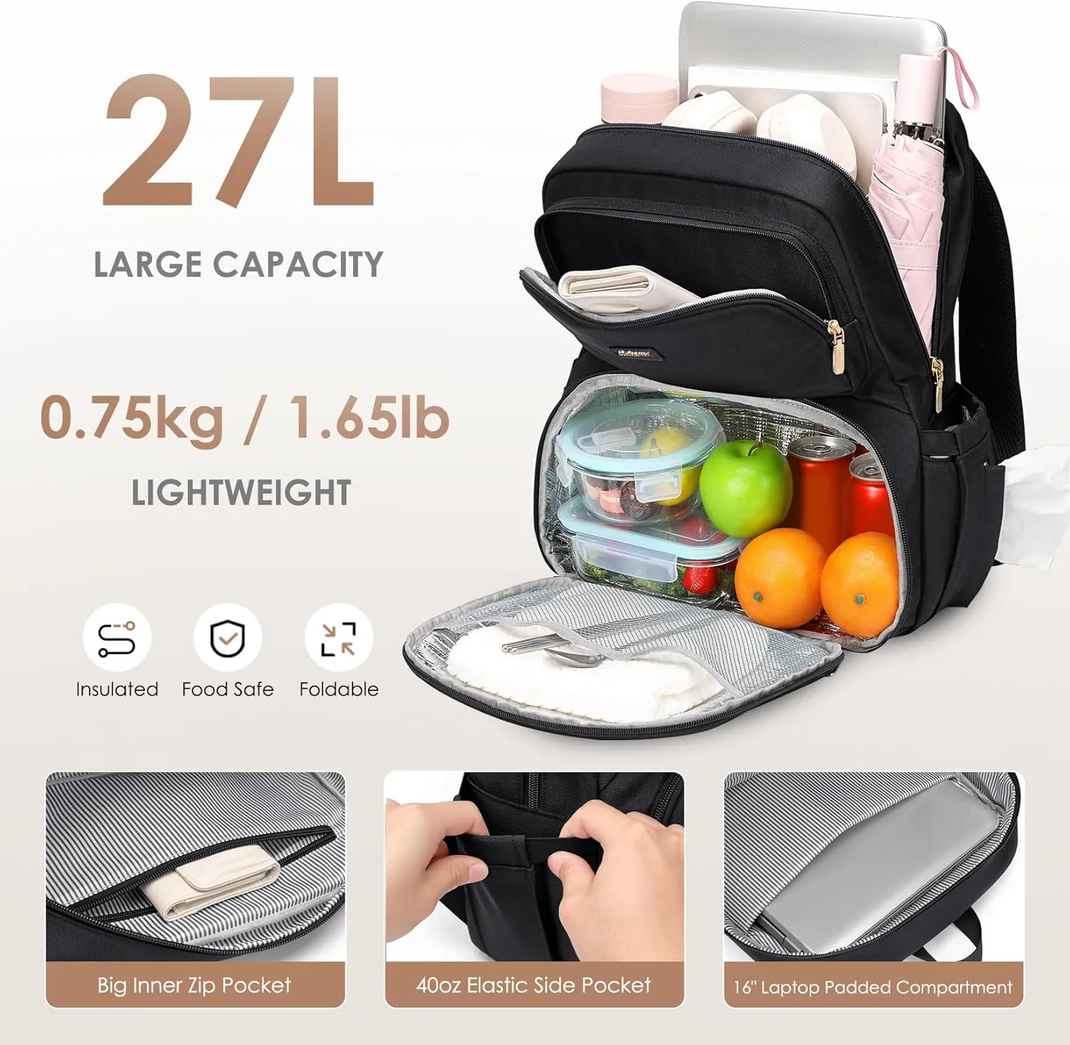 Lunch Backpack for Women Men 16 Inch Laptop Backpack with Leak Proof Lunch Compartment Picnic Big Traveling Bag Meal Prep bags for Daily Commuter Travel