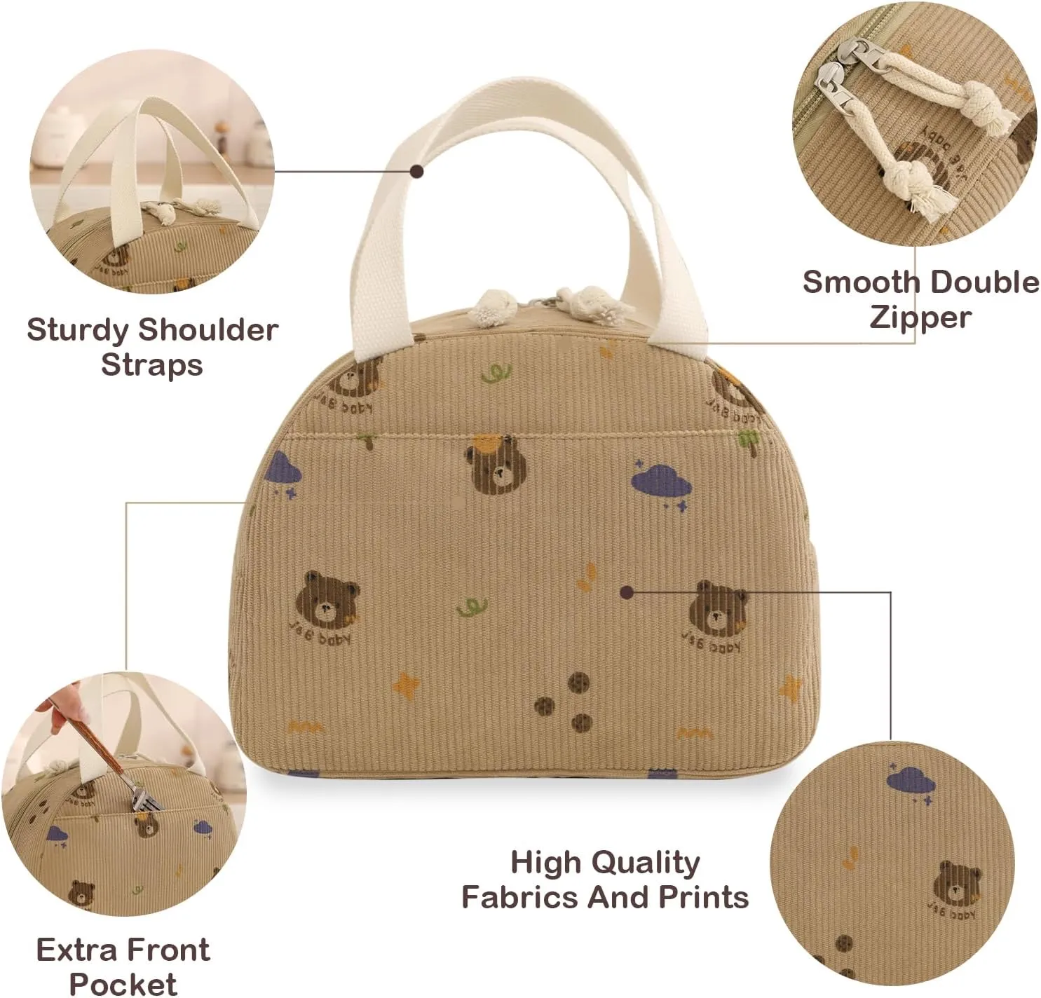 Lunch Bag for Women Men Cute Corduroy Lunch Tote Bags Reusable Insulated Lunch Box Large Capacity Reusable Insulated Cooler for Work/Picnic/Travel (Bear)
