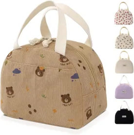 Lunch Bag for Women Men Cute Corduroy Lunch Tote Bags Reusable Insulated Lunch Box Large Capacity Reusable Insulated Cooler for Work/Picnic/Travel (Bear)
