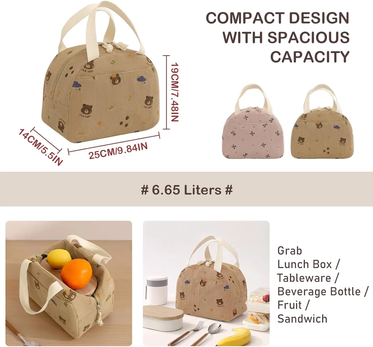 Lunch Bag for Women Men Cute Corduroy Lunch Tote Bags Reusable Insulated Lunch Box Large Capacity Reusable Insulated Cooler for Work/Picnic/Travel (Bear)