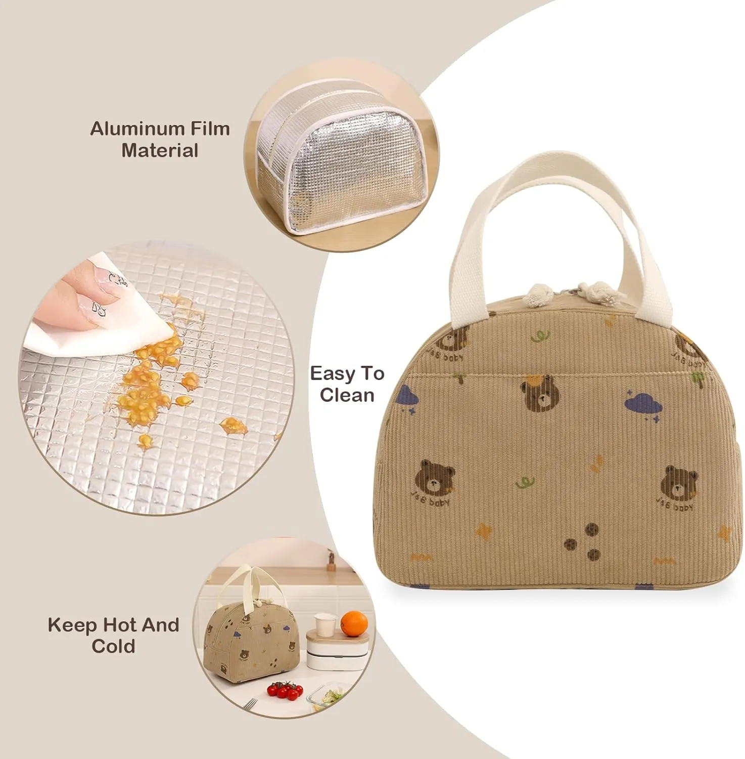 Lunch Bag for Women Men Cute Corduroy Lunch Tote Bags Reusable Insulated Lunch Box Large Capacity Reusable Insulated Cooler for Work/Picnic/Travel (Bear)