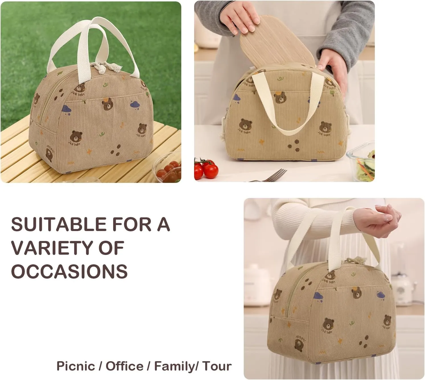 Lunch Bag for Women Men Cute Corduroy Lunch Tote Bags Reusable Insulated Lunch Box Large Capacity Reusable Insulated Cooler for Work/Picnic/Travel (Bear)