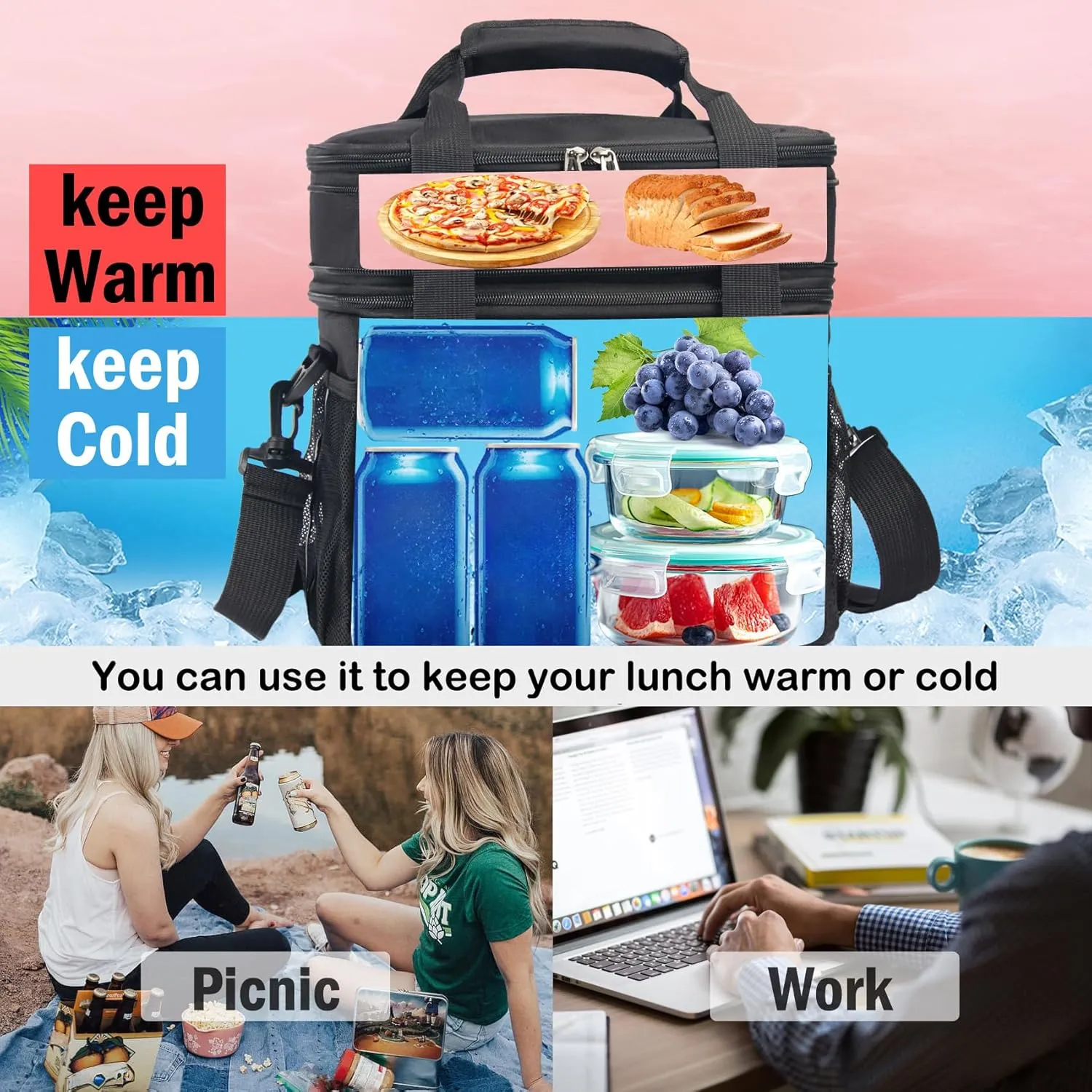 Lunch Box for Men/Women,Large Double-Layer Insulated Expandable Reusable Leakproof Cooler Bags for Adults,Lunch Bag with Adjustable Shoulder Strap for Office Travel PicnicDark Gray