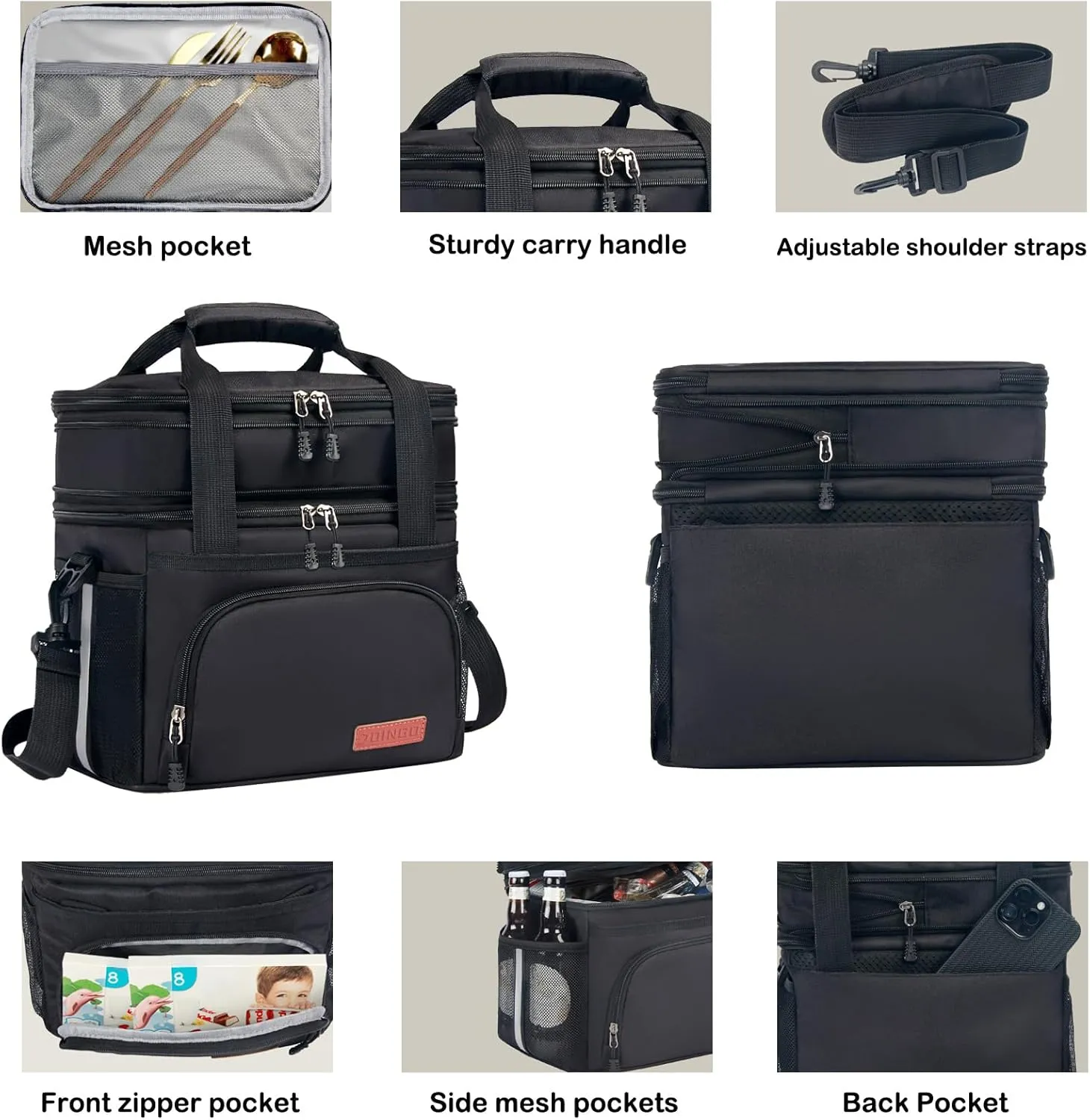 Lunch Box for Men/Women,Large Double-Layer Insulated Expandable Reusable Leakproof Cooler Bags for Adults,Lunch Bag with Adjustable Shoulder Strap for Office Travel PicnicDark Gray