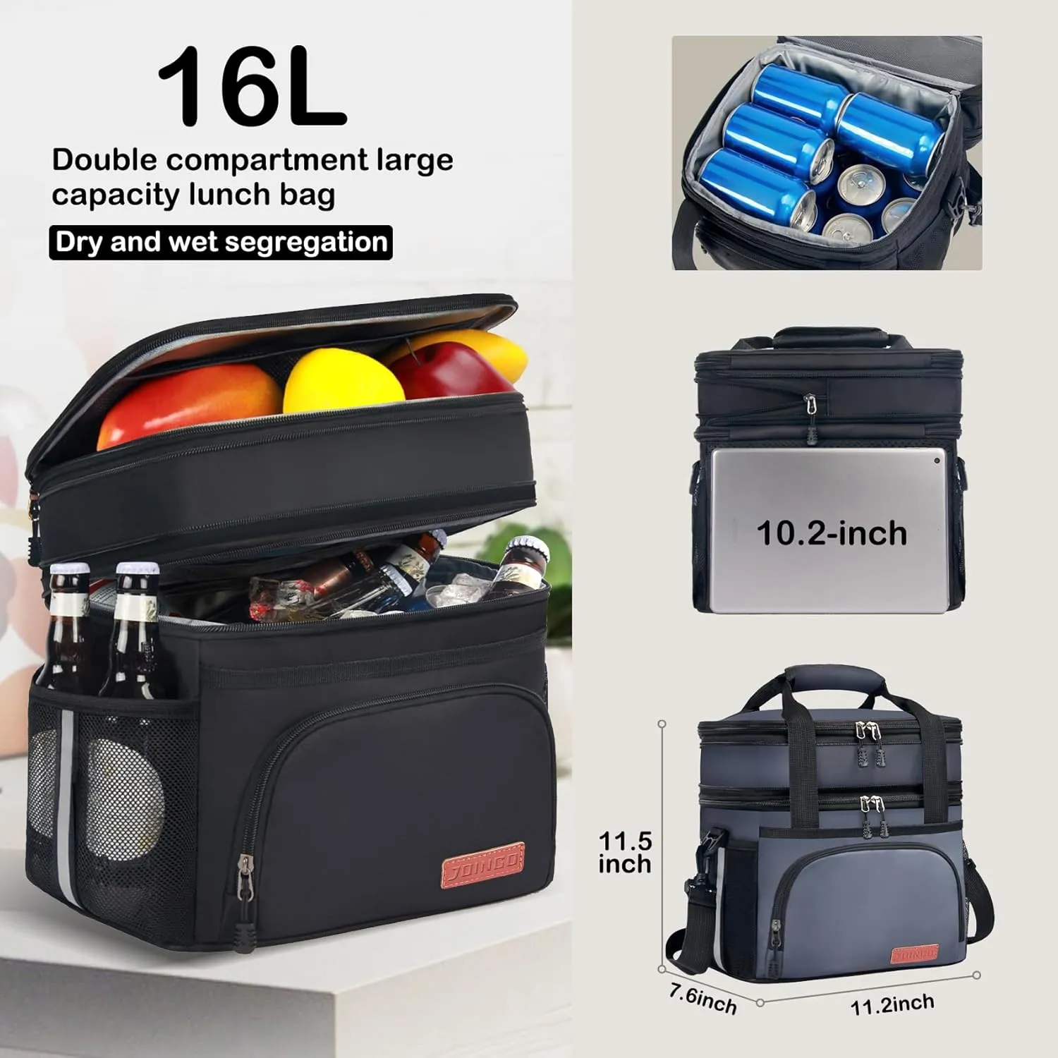Lunch Box for Men/Women,Large Double-Layer Insulated Expandable Reusable Leakproof Cooler Bags for Adults,Lunch Bag with Adjustable Shoulder Strap for Office Travel PicnicDark Gray