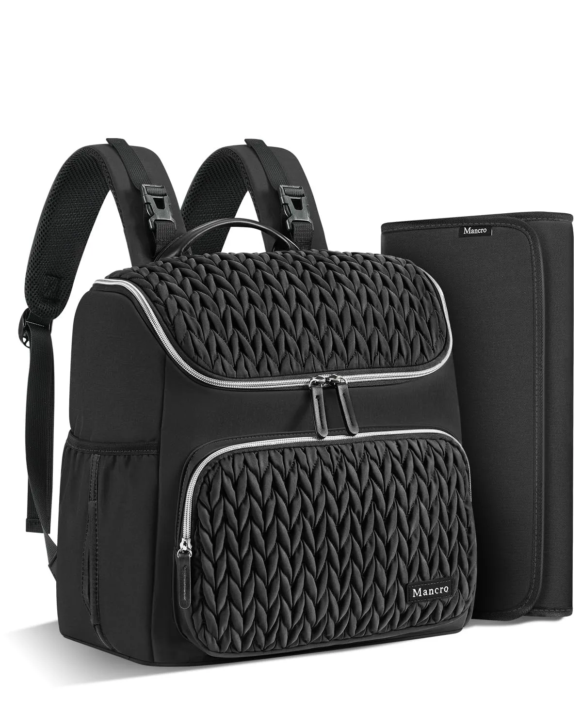 Mancro Small Quilted Diaper Bag Backpack, Waterproof Mini Travel Diaper Bag Tote with Changing Pad, Lightweight Baby Backpack with 2 Insulated Bottle Pockets & Stroller Straps, Black