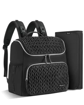 Mancro Small Quilted Diaper Bag Backpack, Waterproof Mini Travel Diaper Bag Tote with Changing Pad, Lightweight Baby Backpack with 2 Insulated Bottle Pockets & Stroller Straps, Black