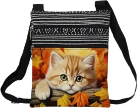 Maple Cat Messenger Bag Small Ethnic Pattern Printed Adjustable Strap Crossbody Zipper Bag Maple Cat Phone Bag Wallet Cute Shoulder Handbag for Women