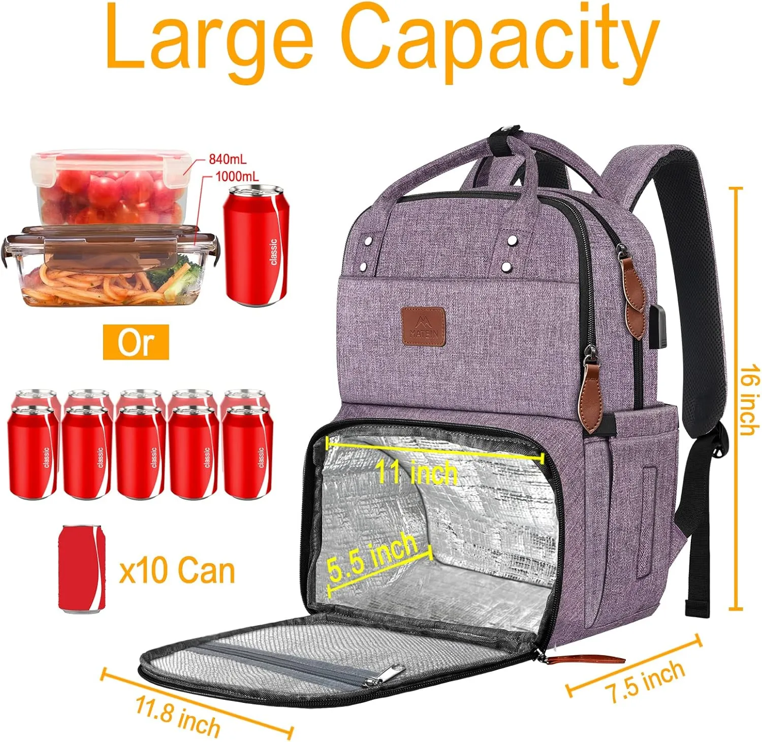 MATEIN Laptop Backpack with Lunch Box, Insulated Women Backpacks with Cooler Compartment, 15.6 inch Water Resistent Tote Food Bag with USB Charging Port for College Beach Camping Picnics Hiking