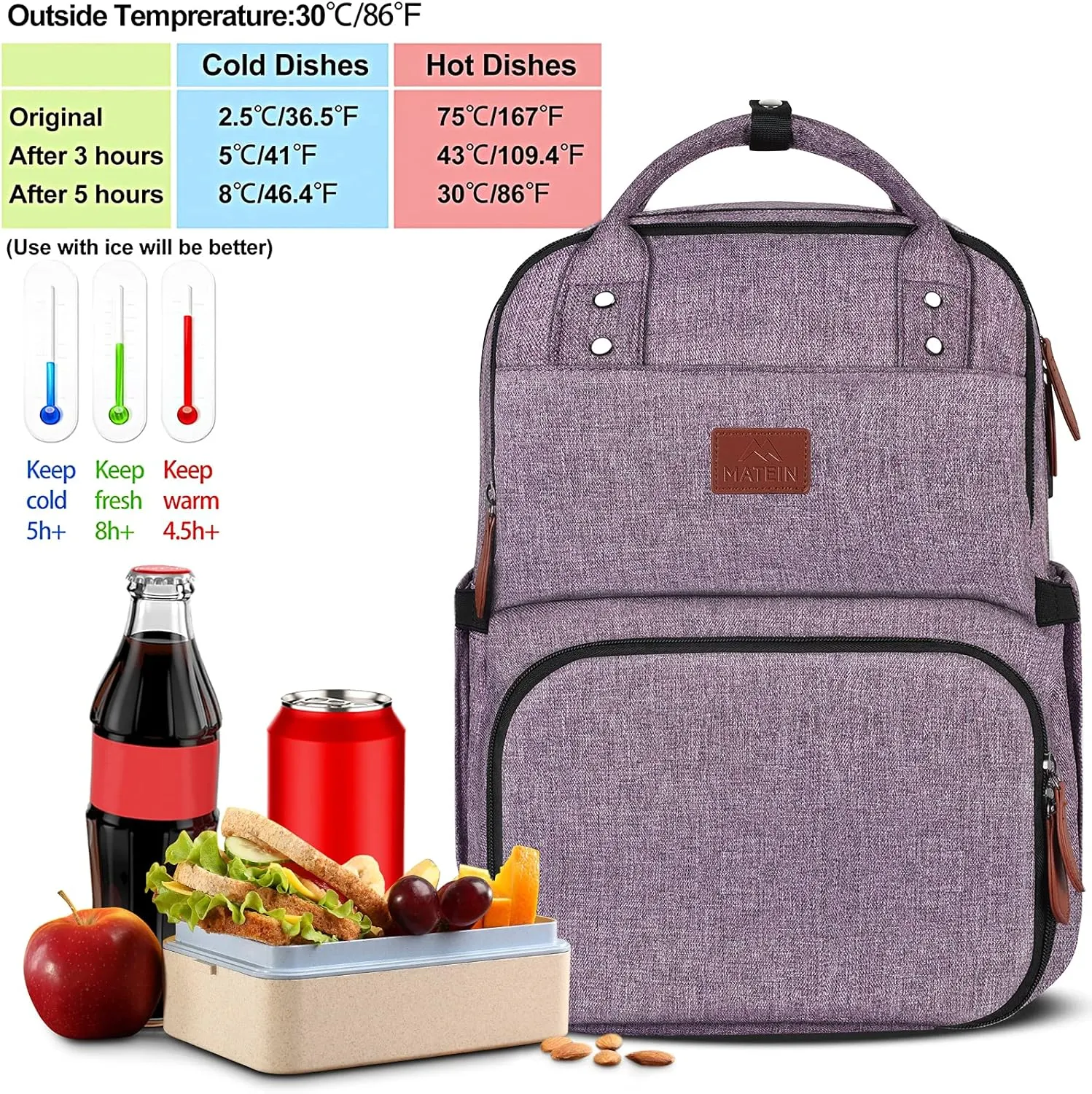 MATEIN Laptop Backpack with Lunch Box, Insulated Women Backpacks with Cooler Compartment, 15.6 inch Water Resistent Tote Food Bag with USB Charging Port for College Beach Camping Picnics Hiking