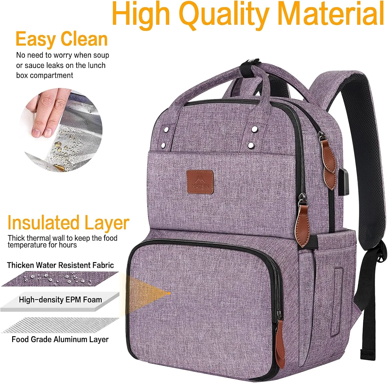 MATEIN Laptop Backpack with Lunch Box, Insulated Women Backpacks with Cooler Compartment, 15.6 inch Water Resistent Tote Food Bag with USB Charging Port for College Beach Camping Picnics Hiking