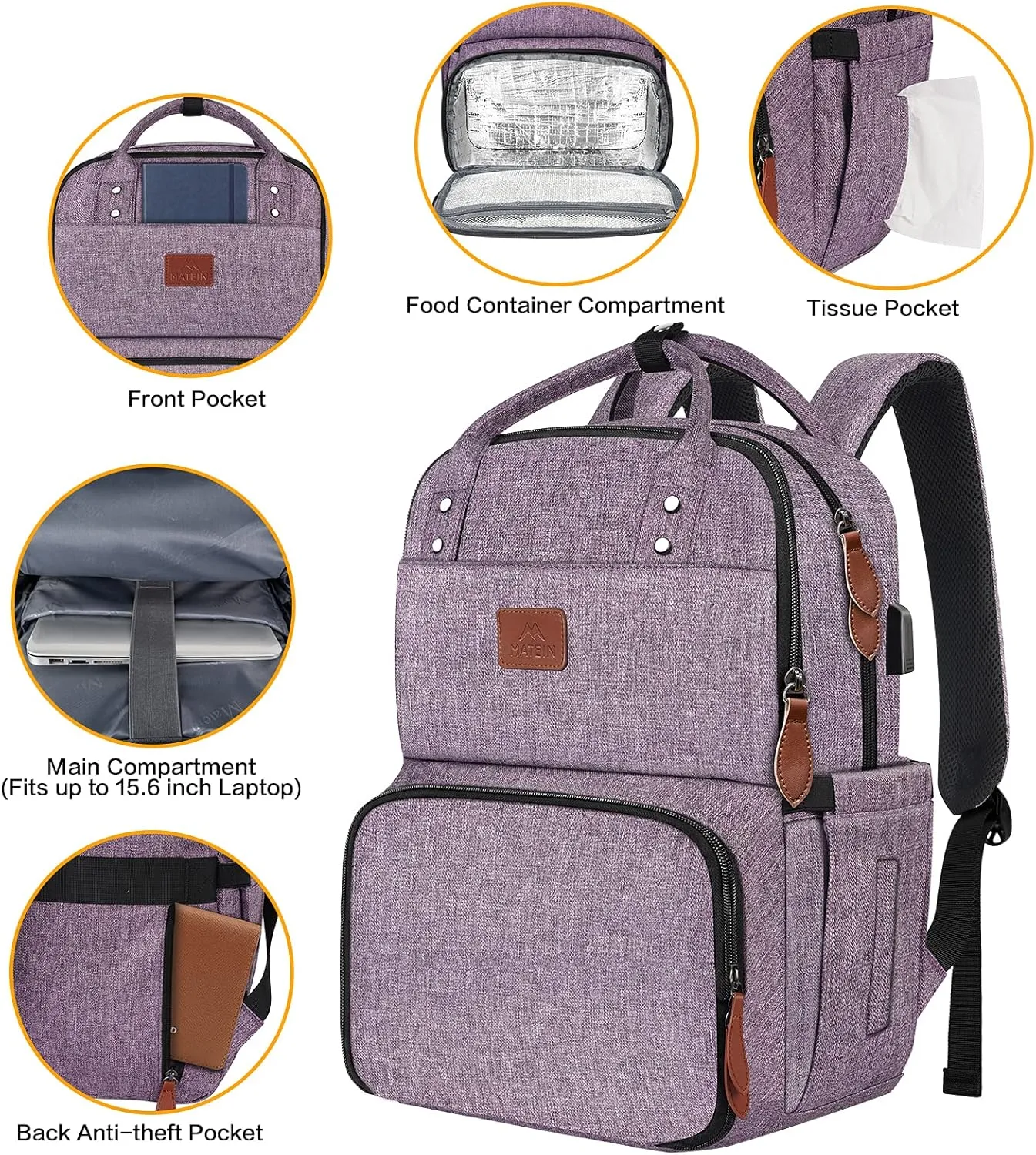 MATEIN Laptop Backpack with Lunch Box, Insulated Women Backpacks with Cooler Compartment, 15.6 inch Water Resistent Tote Food Bag with USB Charging Port for College Beach Camping Picnics Hiking