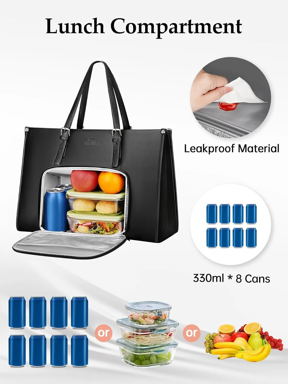 MATEIN Laptop Tote Bag with Insulated Lunch Compartment, 15.6 Inch PU Leather Briefcase with Leakproof Lunch Box Pocket for Women, Convertible Lightweight Computer Work Bag Handbag for Office, Black